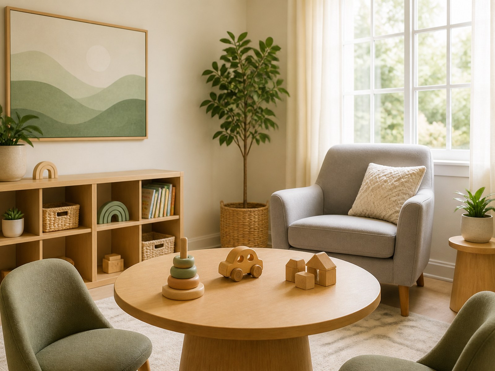 Calm, natural therapy environment with warm wood tones and soft light
