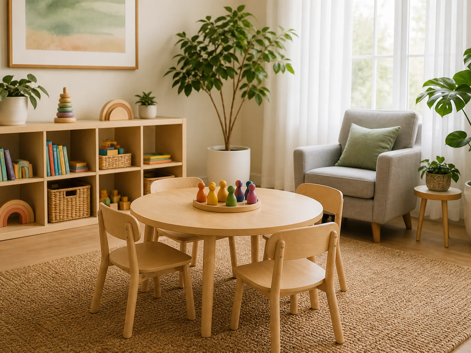Bright, calm ABA therapy room with natural wood furniture, plants, and soft daylight